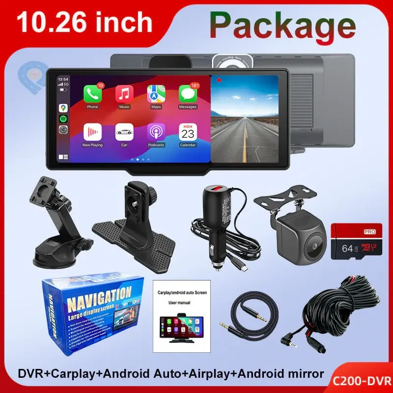 10.26 inch portable wireless Apple CarPlay and Android Auto screen kit with front and rear DVR cameras, 64GB SD card, and mounting accessories.